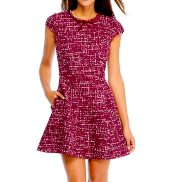 Gal Meets Glam  NELL BOUCLE DREAMS TWEED FIT & FLARE DRESS IN WINE/ PINK - Picture 1 of 13